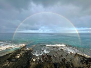 A full rainbow across the stunning blue ocean of the west coast of the Big Island of Hawaii, with lava rock tide pools in the foreground